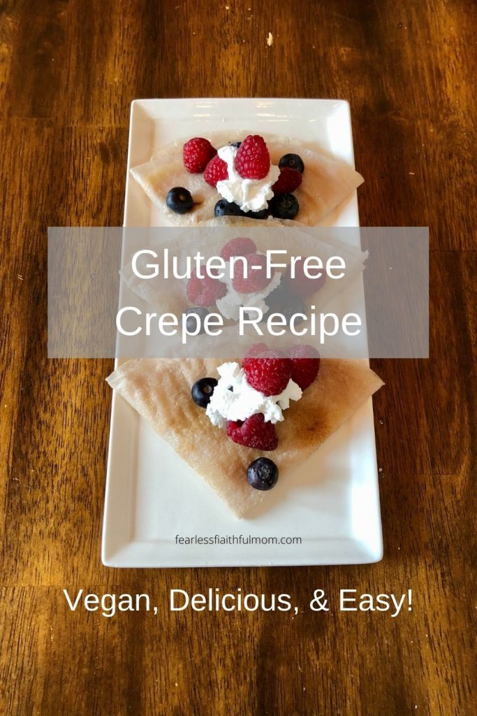 Your family will love this gluten-free crepe recipe. These gluten-free and vegan crepes are perfect with the accompanying lemon curd filling! #glutenfreecrepe #veganlemoncurd